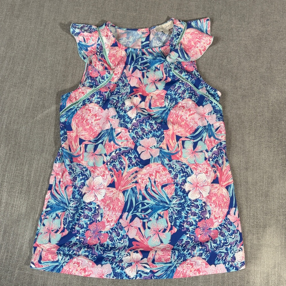 Charlie‎ Paige Womens Small Tropical Floral Flutter Sleeve Top Blue Pink